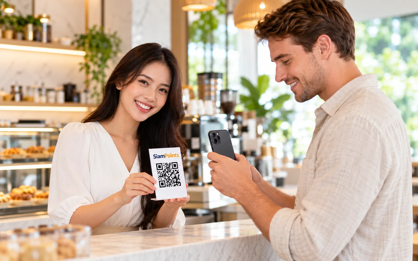 A guest scans the SiamPoints QR code on a table stand with a phone in a café.